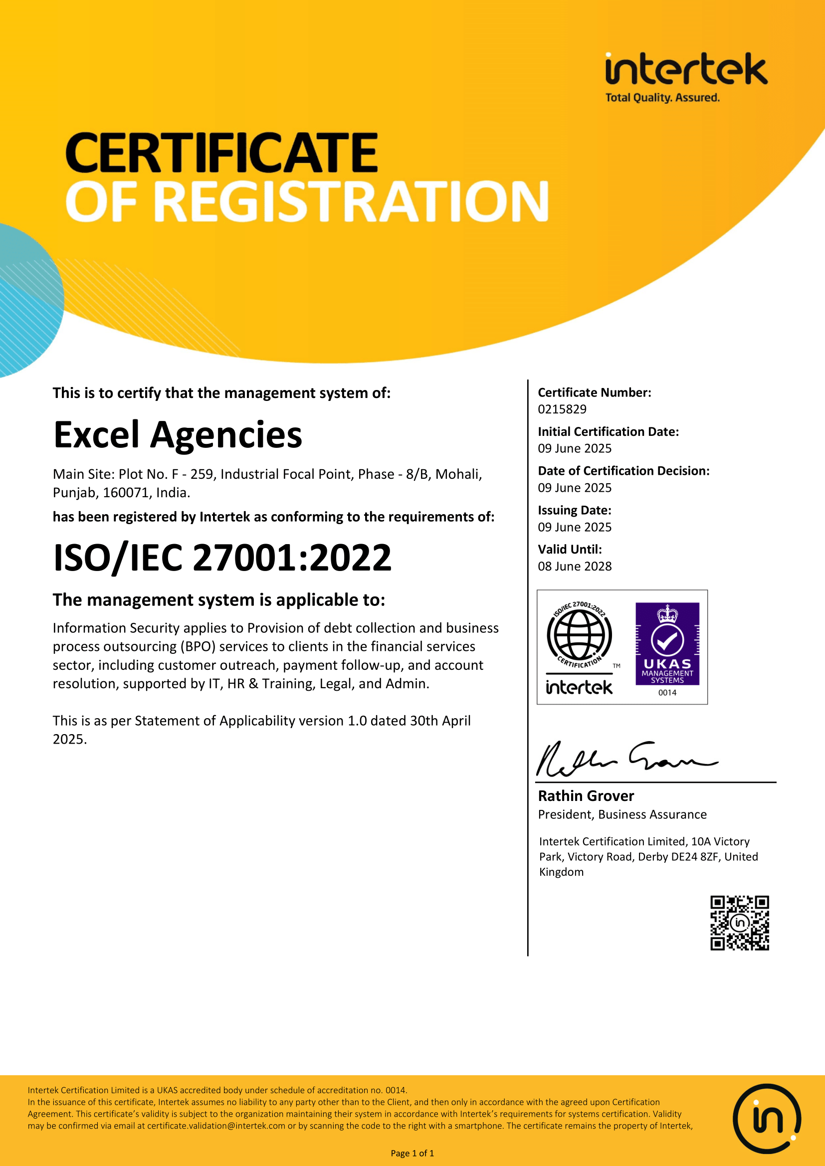 Excel Agencies Certificate